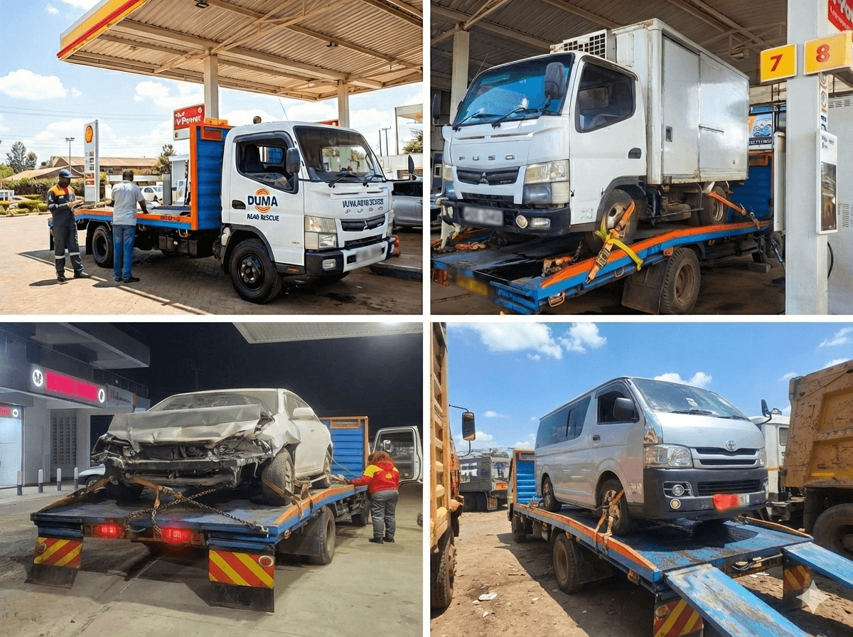 A Duma Road Rescue flat-bed tow truck ready for service on Nairobi roads.